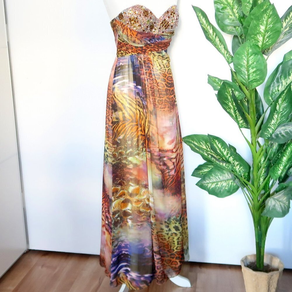 Morrell Maxie Strapless Sweetheart Neck Beaded Jewel Embellished Maxi Dress 0